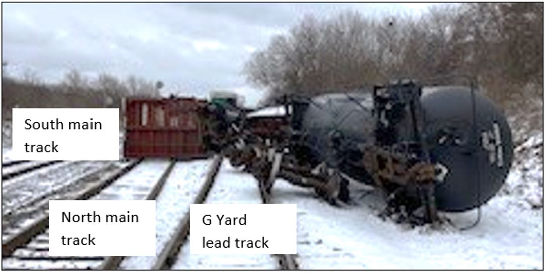 Derailed cars on their side across three tracks