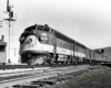 Diesel NC&StL locomotives with passenger train by signal and station