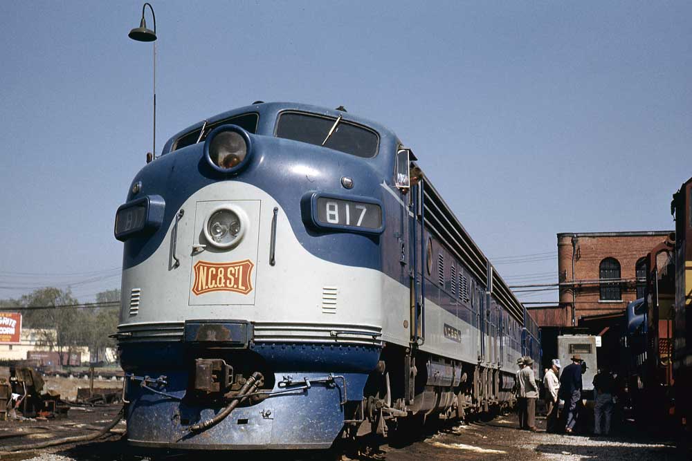Blue-and-white streamlined diesel locomotive