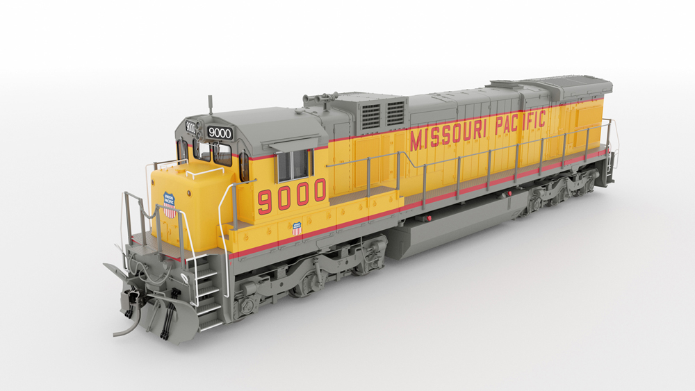A model locomotive in a yellow and gray paint scheme