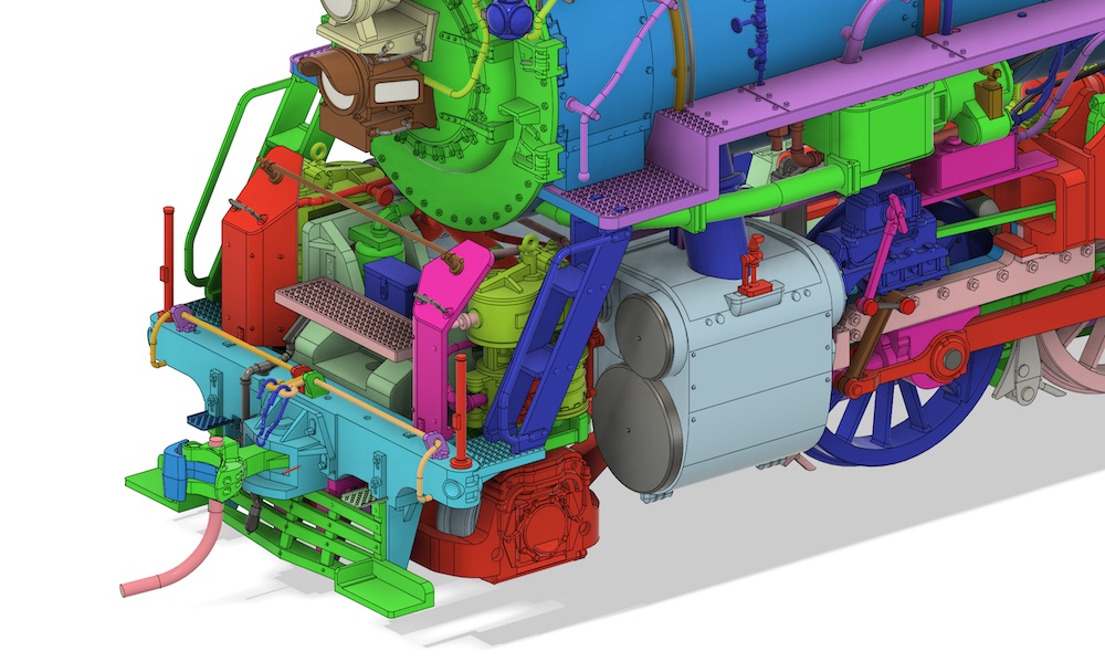 Closeup of parts from a 3D model of steam locomotive.
