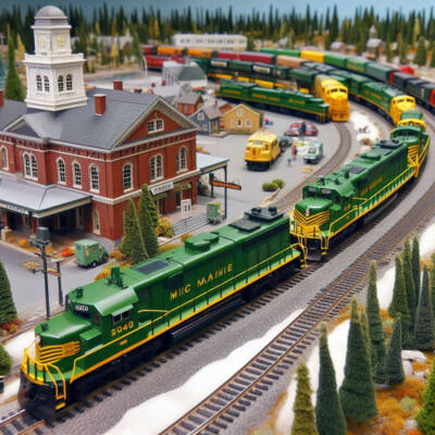 An AI generated image of a model railroad with a green and yellow locomotive