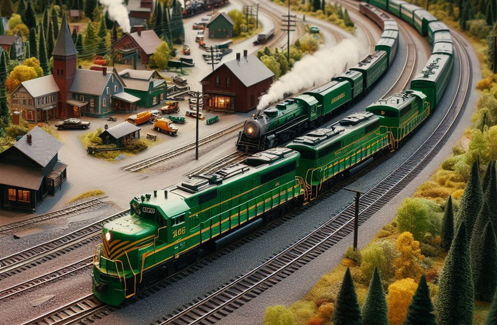 An AI generated image of a green and yellow model locomotive in a northeastern US setting