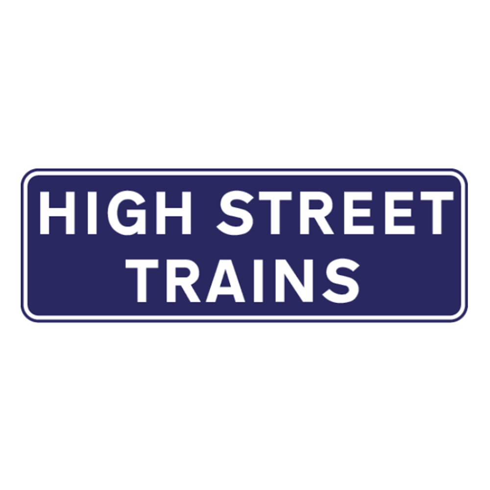 A navy blue rectangular logo for High Street Trains