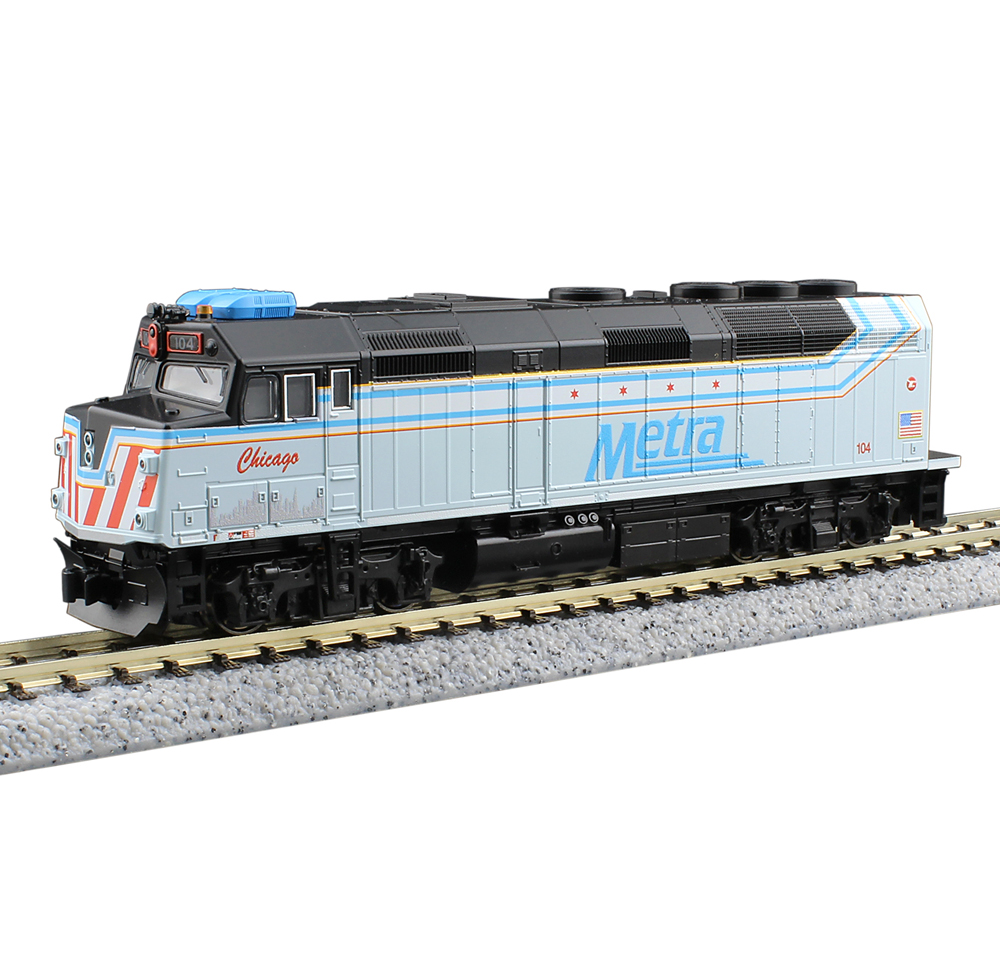 A model locomotive in a city of Chicago paint scheme
