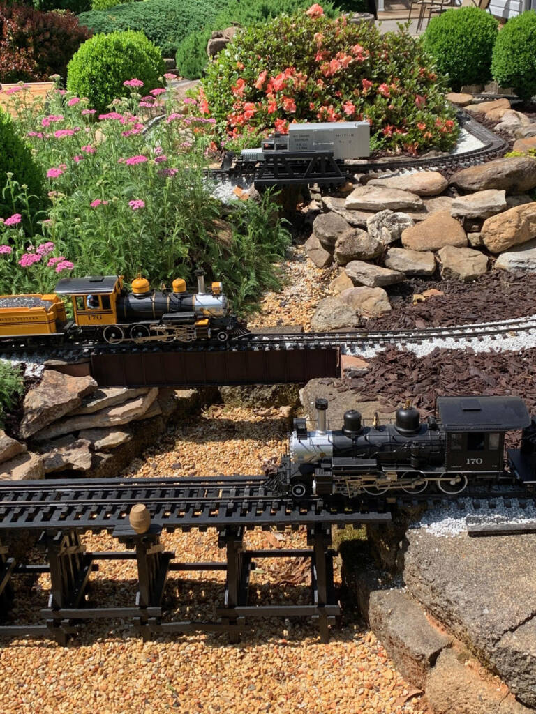 view of garden railway with flowers and rocks