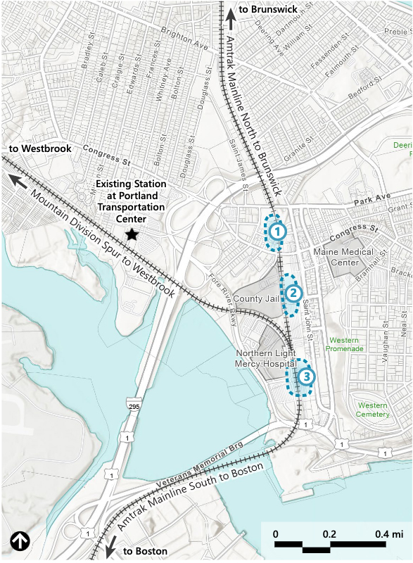Map of Portland, Maine, showing current Amtrak station in relationship with three potential sites for new station