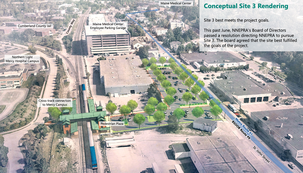 Illustration of planned Portland, Maine, rail station site showing nearby features including hospital facilities
