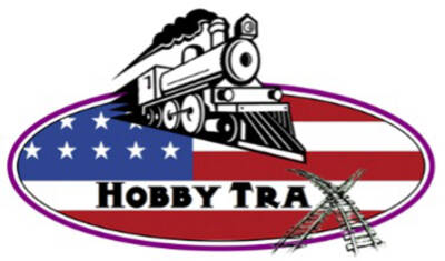 Hobby Trax to enter North American market: A logo of a steam locomotive against a oval background of the US flag with the text Hobby Trax in black