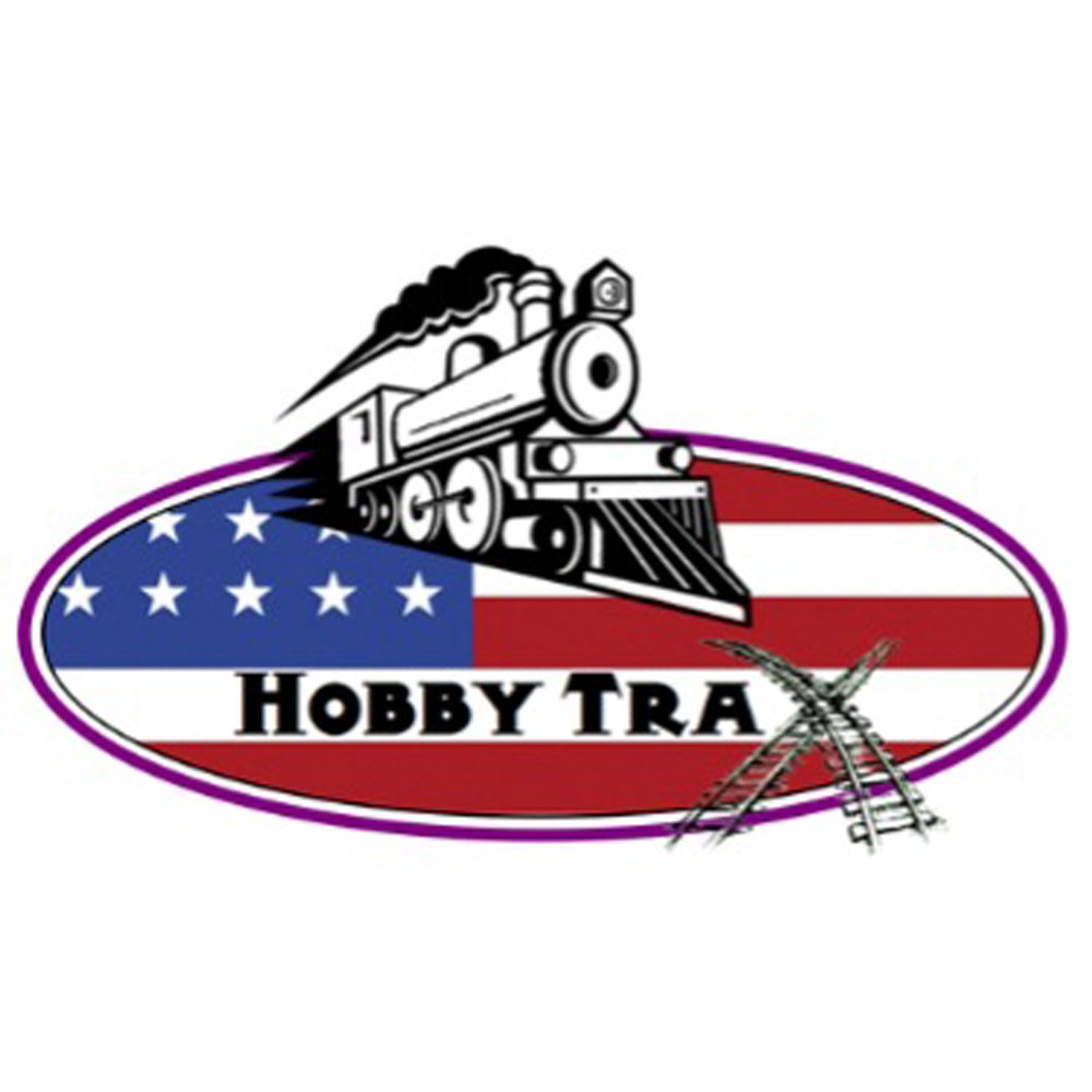 A logo of a steam locomotive against a oval background of the US flag with the text Hobby Trax in black