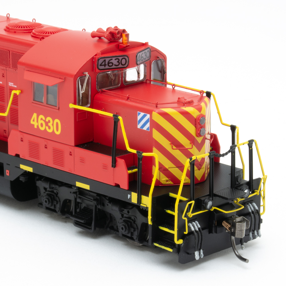 Color photo showing nose details on HO scale diesel locomotive.