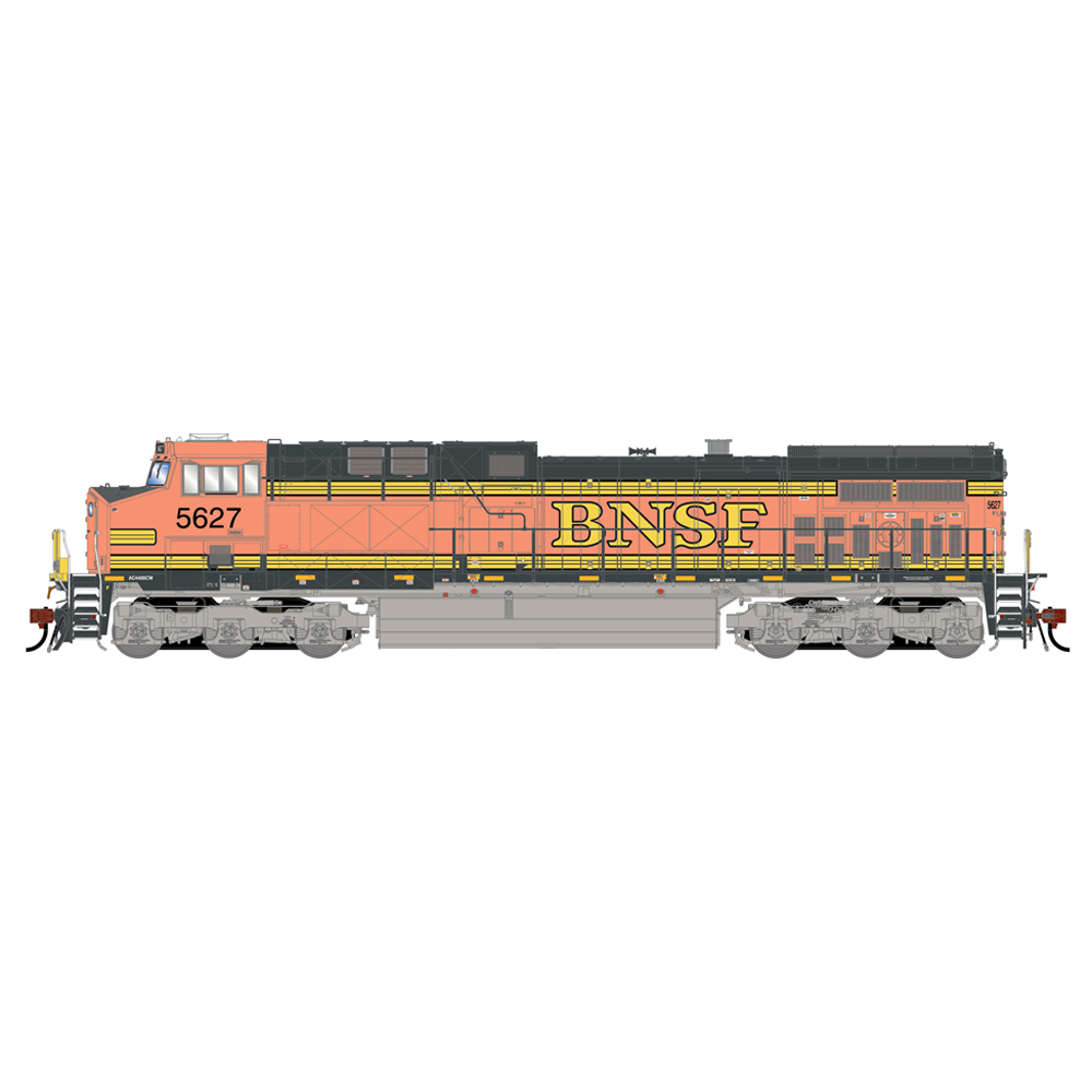 An orange and green model locomotive with yellow lettering against a white background