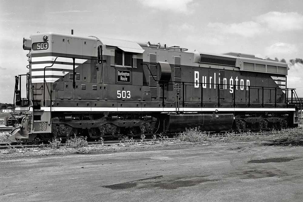 Diesel locomotive in black-and-white standing alone