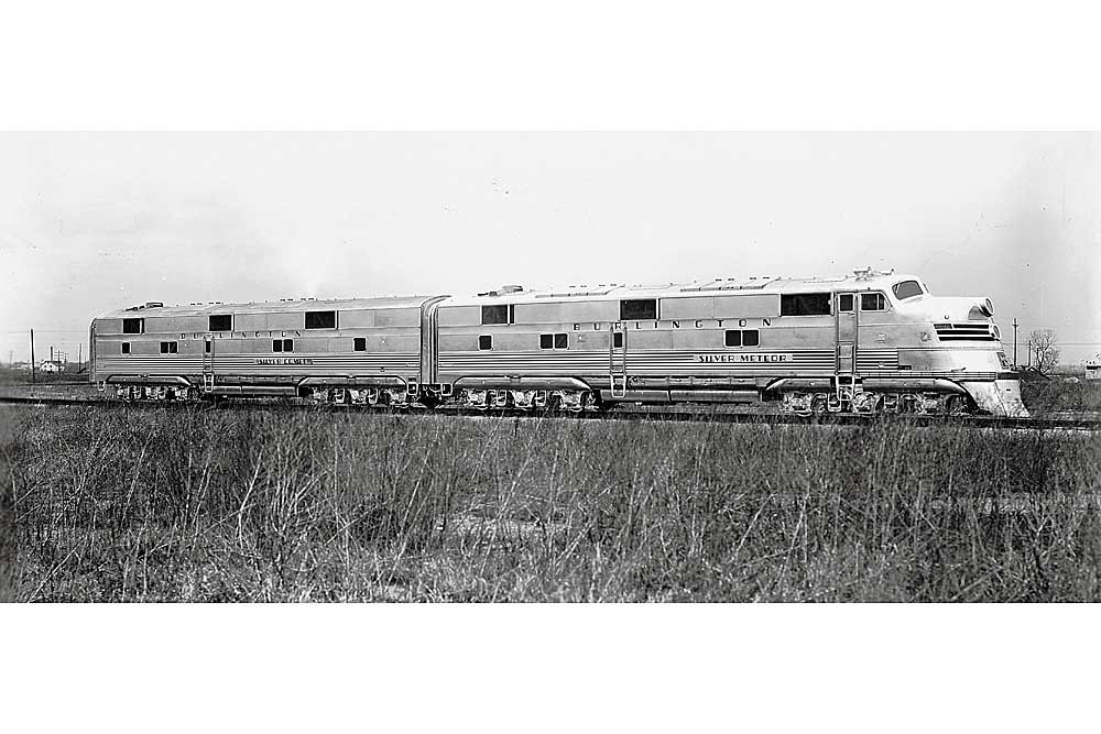 Streamlined Burlington Route diesel locomotives in black-and-white