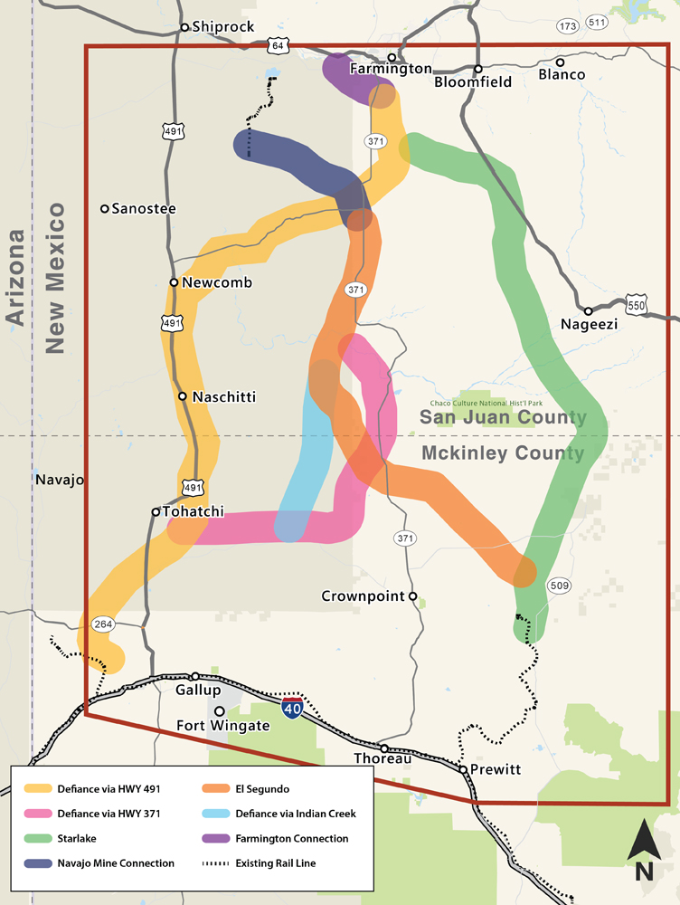 Map of options for rail lines linking Farmington, N.M., to the BNSF main line through Gallup
