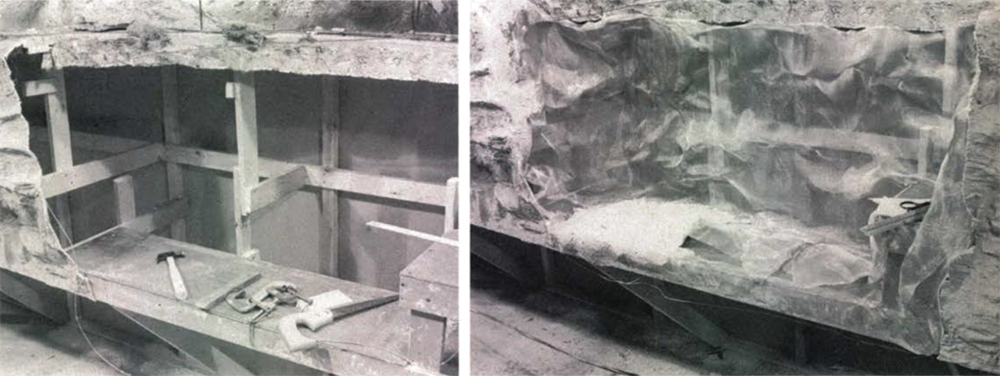 Small before and after images of adding wire screen to an open section in a model railroad made of wood, plaster, and track.