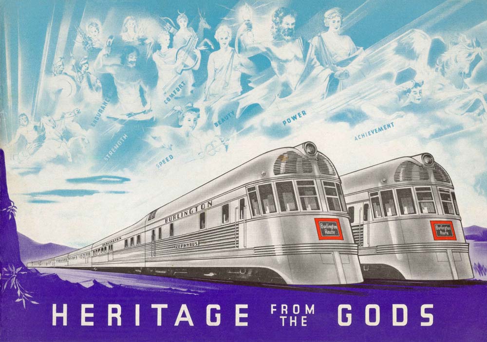 Twin Budd streamliners lined up under cartoon clouds