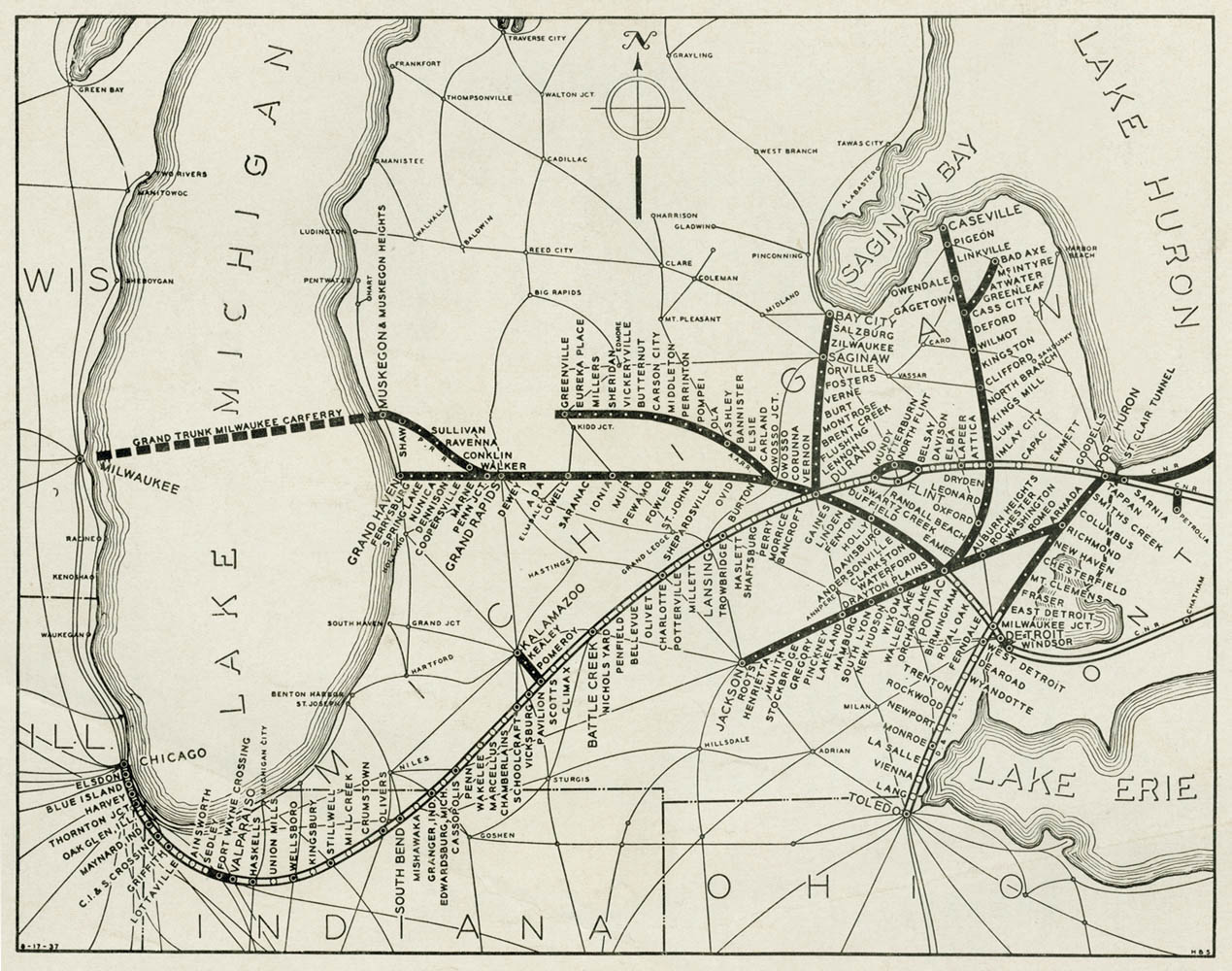 1937 map of rail lines of Grand Trunk Western history