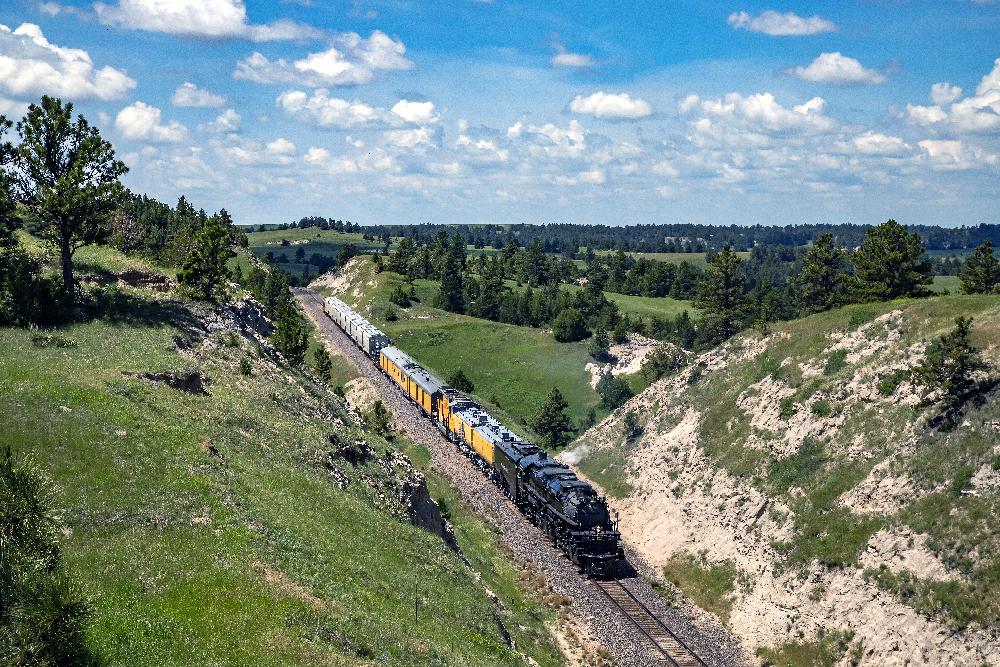 Big Boy steam locomotive and train entering a deep cut.