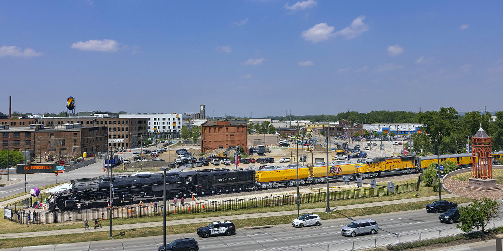 Big Boy steam locomotive and train on display. Union Pacific Big Boy Home Run Express.