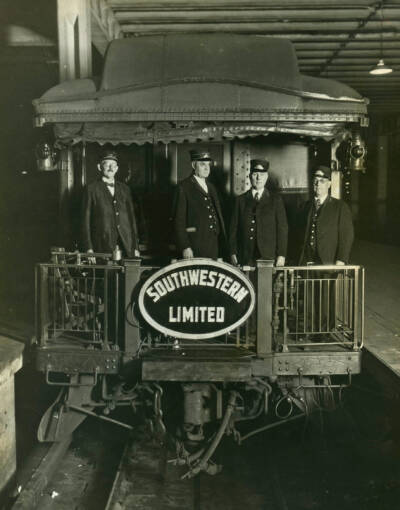 Drumhead on rear platform of Southwestern Limited passenger train. Five mind-blowing things no longer found on passenger trains.