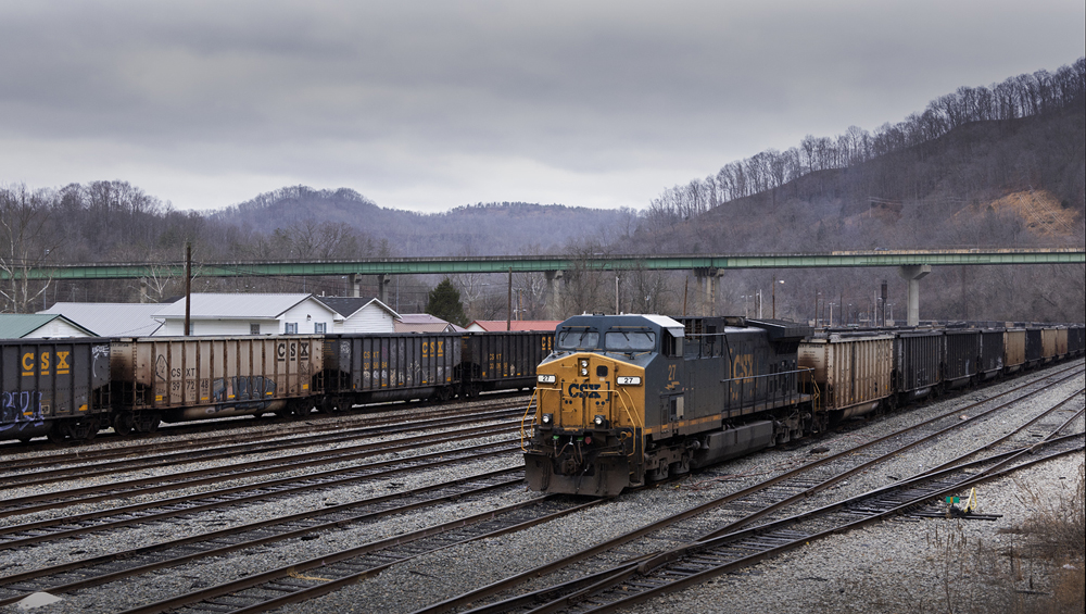 Coal train passes line of coal hoppers