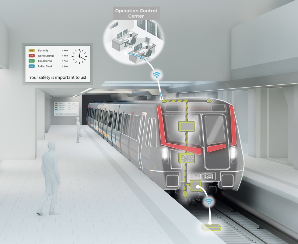Illustration of subway train with wireless signal equipment