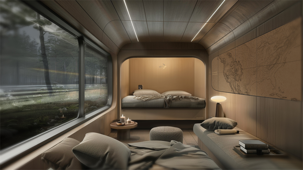 Illustration of sleeping compartment with queen bed and large seating area