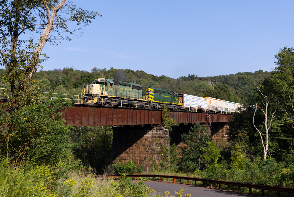 Frieght train with two green and yello locomotives crosses river on steel girder bridge