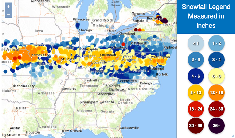 Map of U.S. snowfall in band from Kansas to the Atlantic seaboard