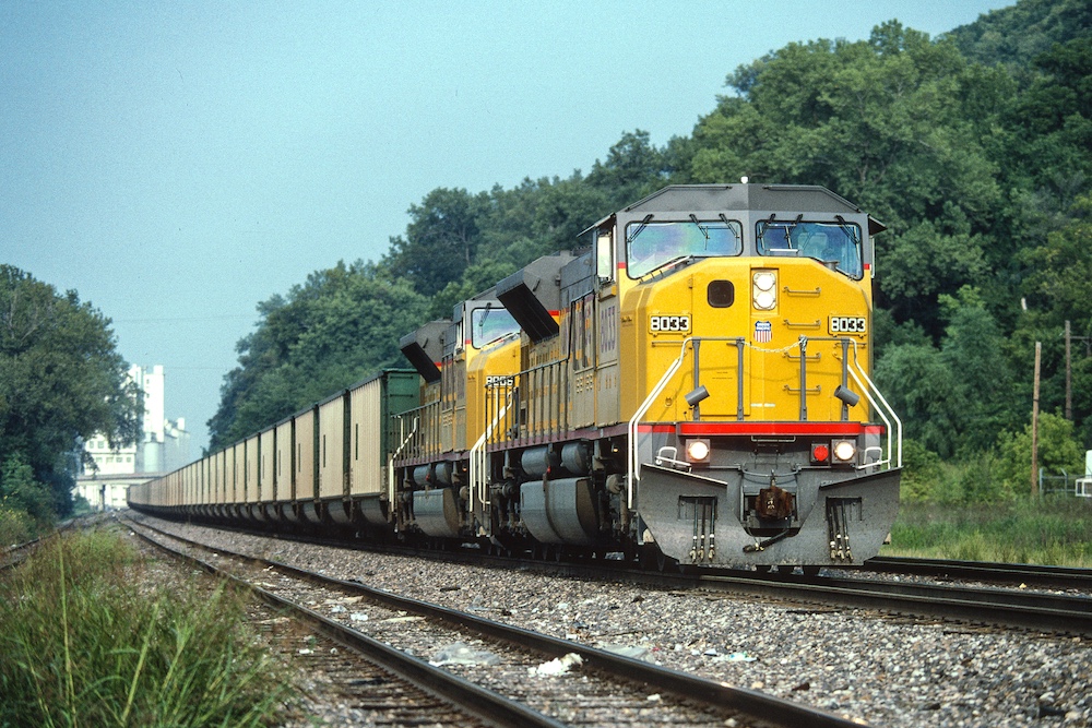 Yellow diesel locomotives passing between green trees