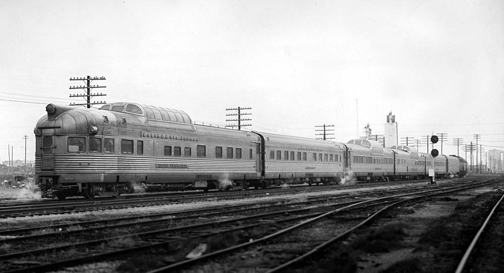 Streamlined stainless steel Burlington Northern passenger trains with three dome cars