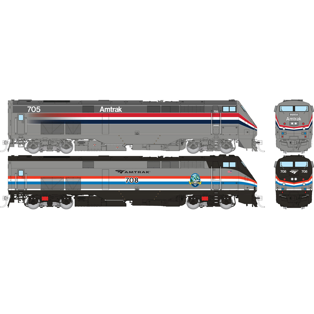 An image of two gray model locomotives with red, white, and blue striping