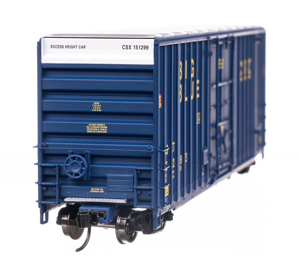 A blue model boxcar from the front end of the model