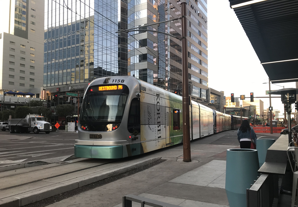 Light rail train on city street