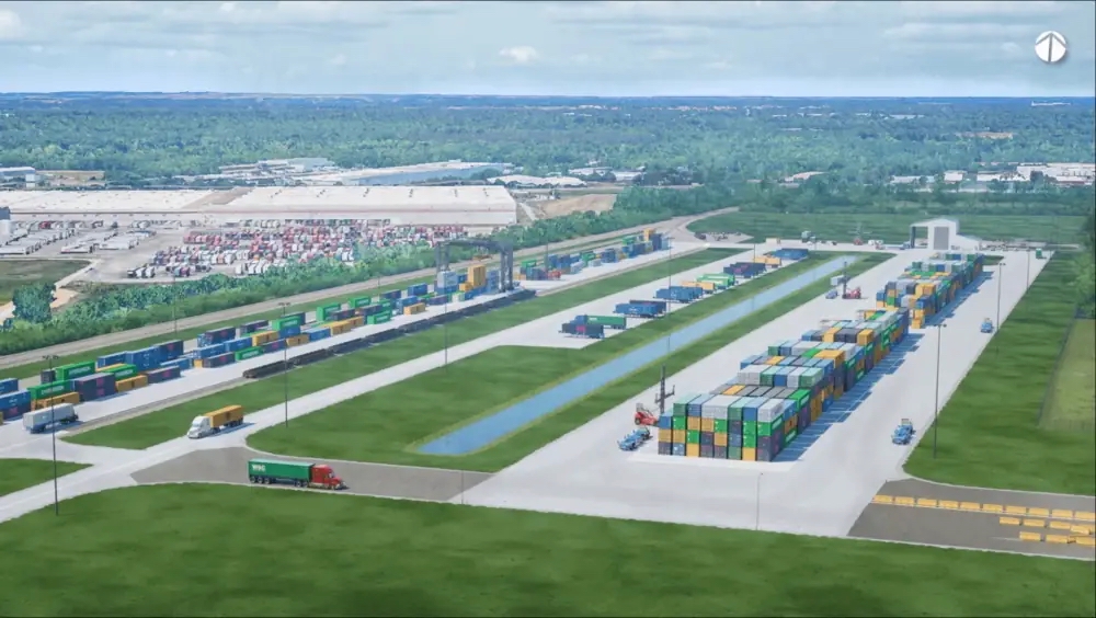 Aerial-view illlustration of rail and truck container facility