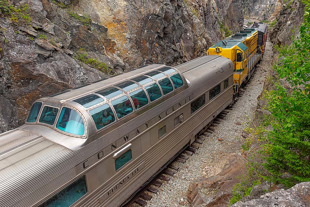 Glass-domed silver passenger rail car named Rhonda Lee in rocky hillside