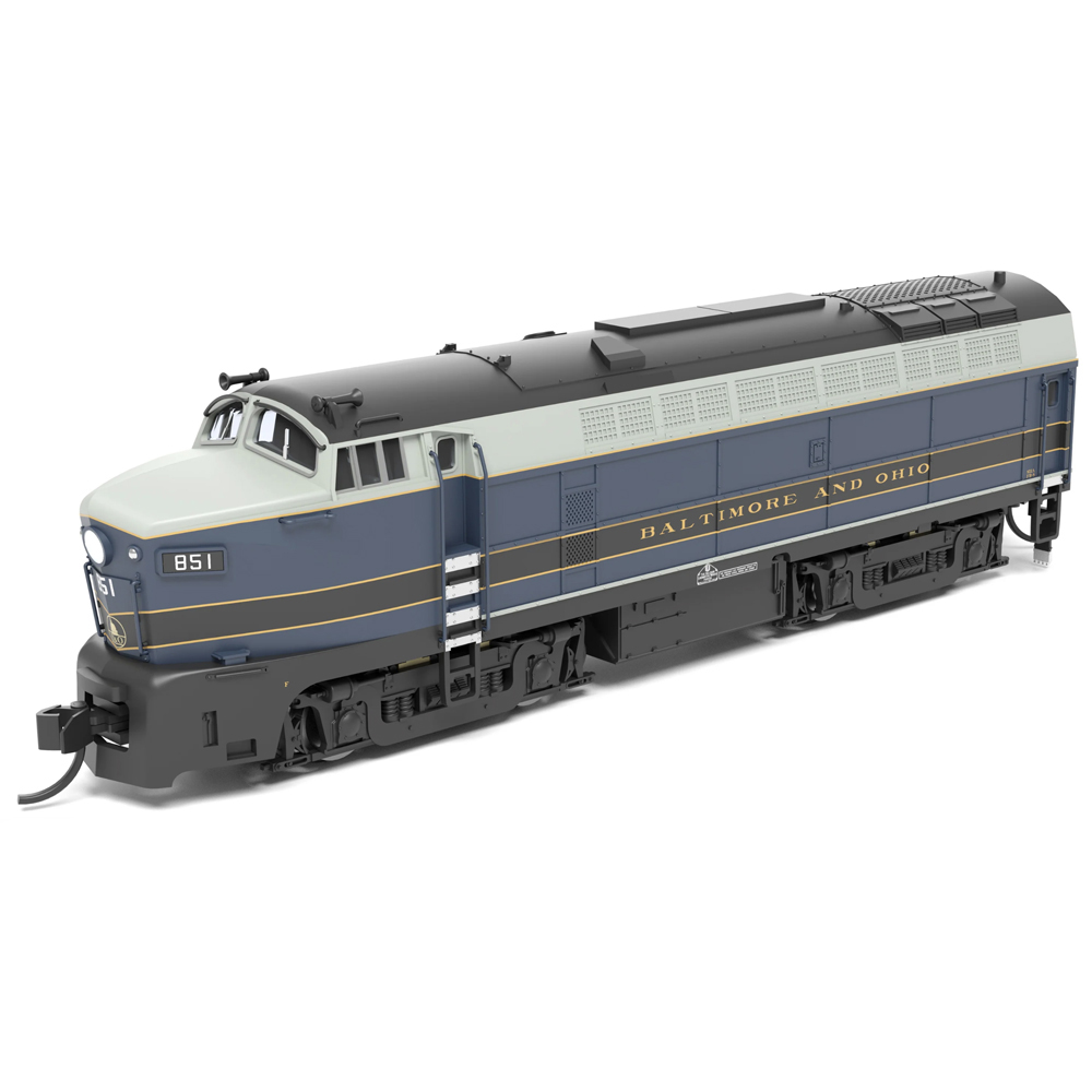 A blue and white model lcocomotive