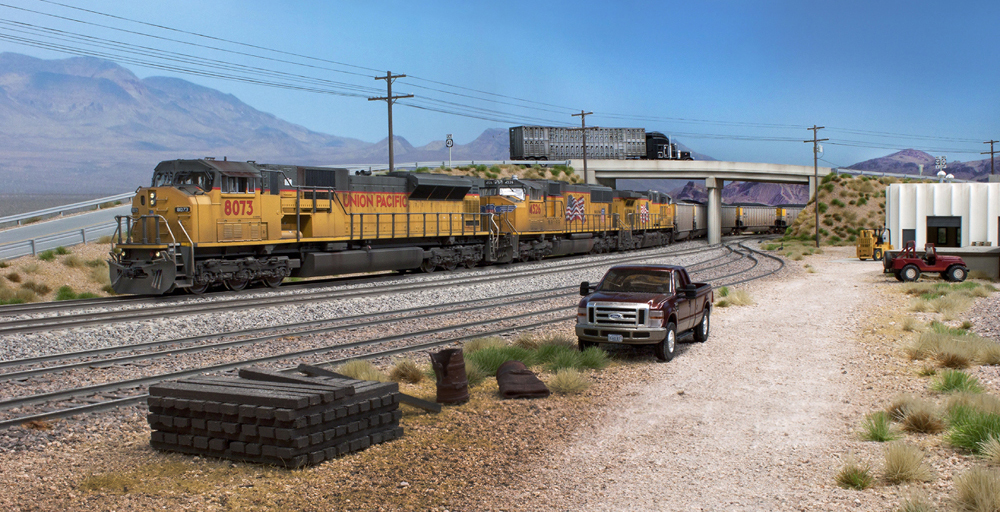 Color photo showing trains passing on a scenicked HO scale model railroad.