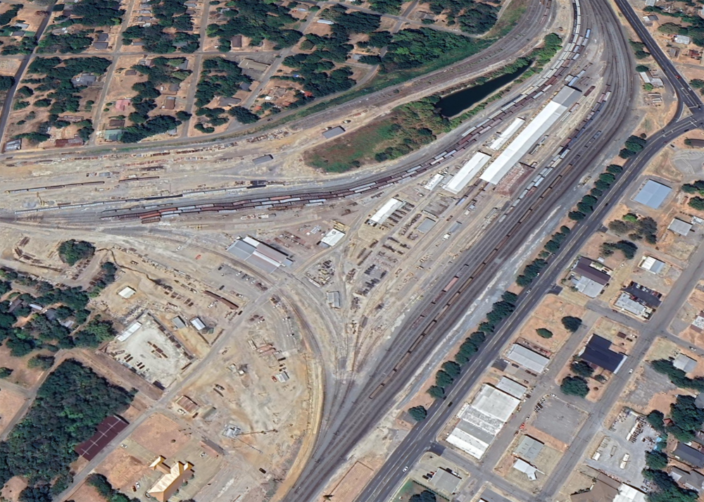 Aerial view of rail yard and shop buildings