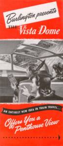 Black-and-white illustration of people inside railroad dome cars