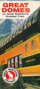 Orange-and-green railroad dome cars on brochure cover