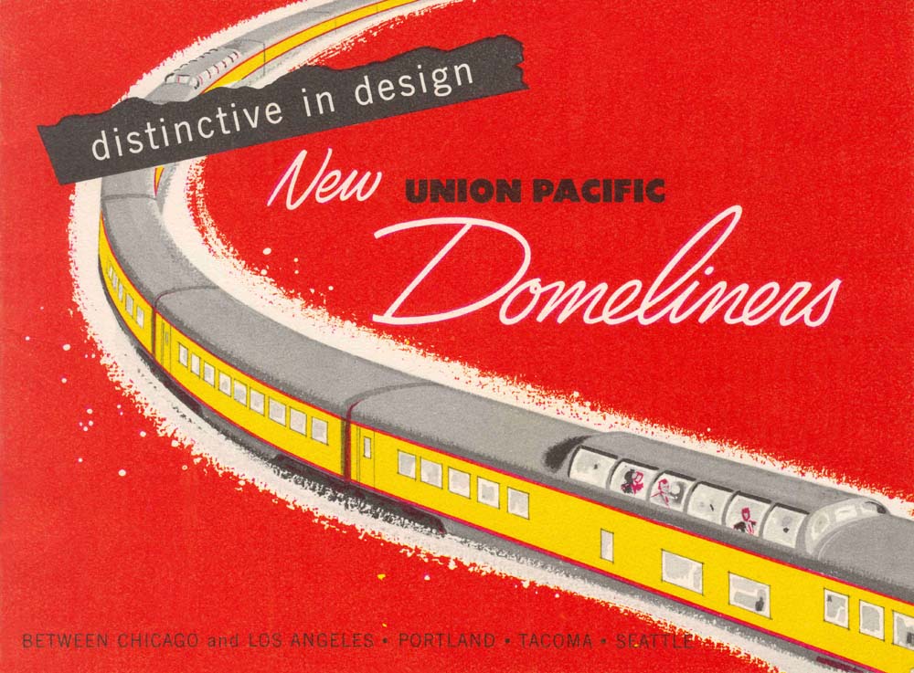 Yellow-and-gray passenger train on red background with dome cars