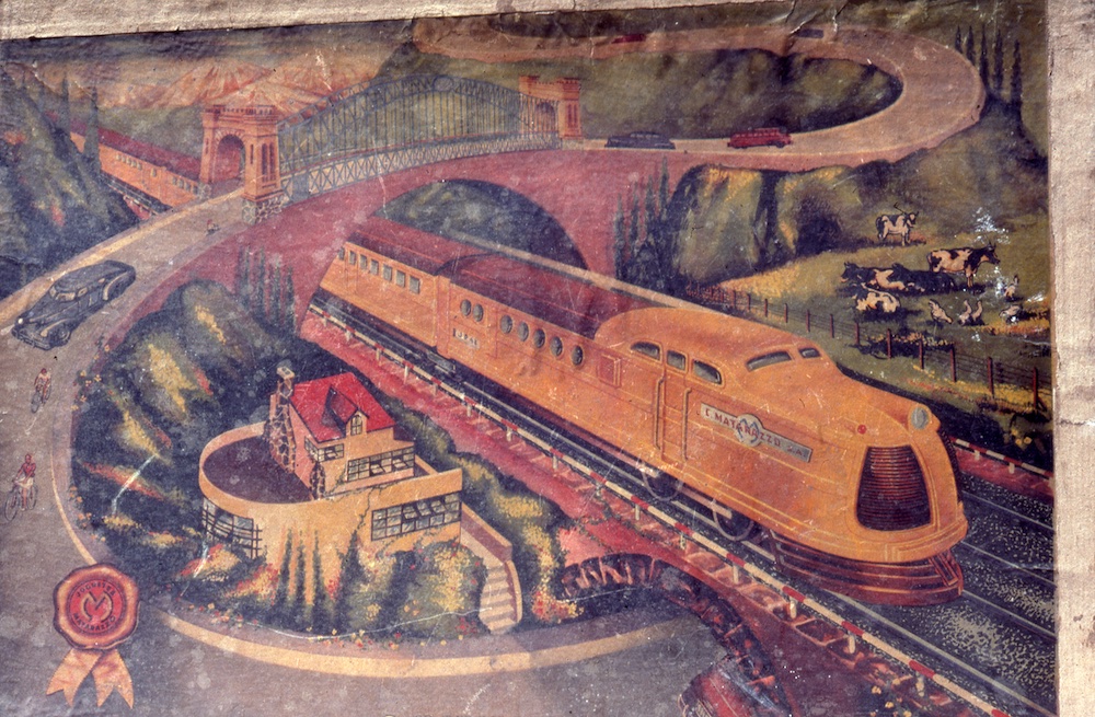 colorful graphics of old toy train box