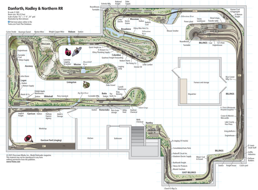 The track plan for the N scale Danforth, Hadley and Northern RR layout
