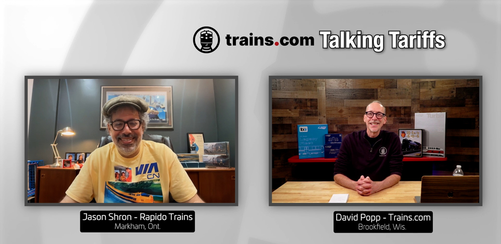 Two men with graphics that read "Trains.com Talking Tariffs"