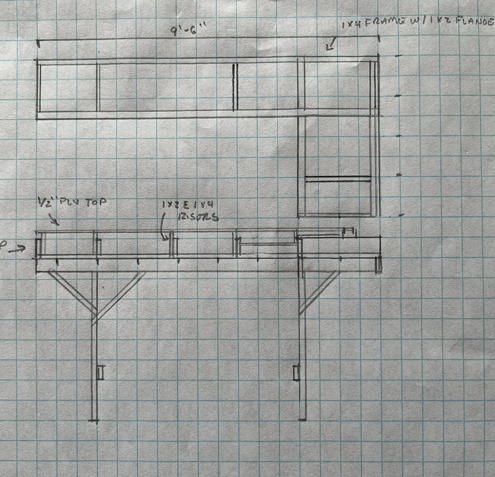 Paper and pencil drawing on light blue graph paper showing a single rectangular framing section and an elevation drawing showing the position of support legs and braces.