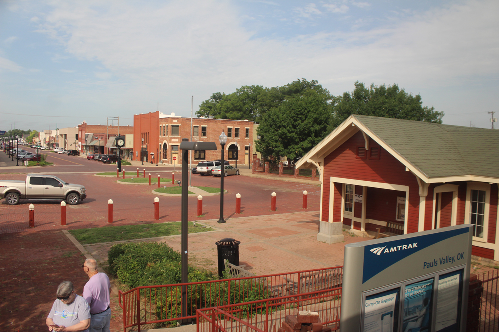 View of station and main street in small town