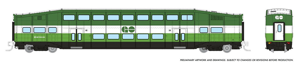 Green, white and black drawing of a modern railroad passenger car with sloped roof ends, two doors on at each end, and three rows of windows with gray wheels.