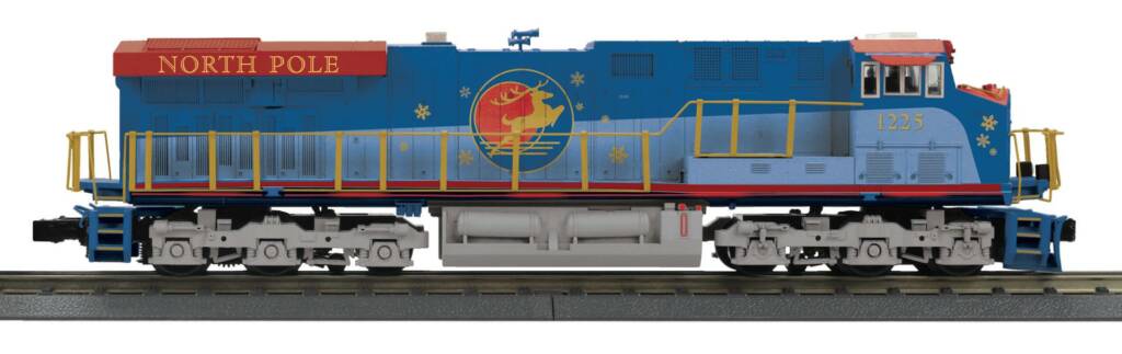 blue and red model locomotive
